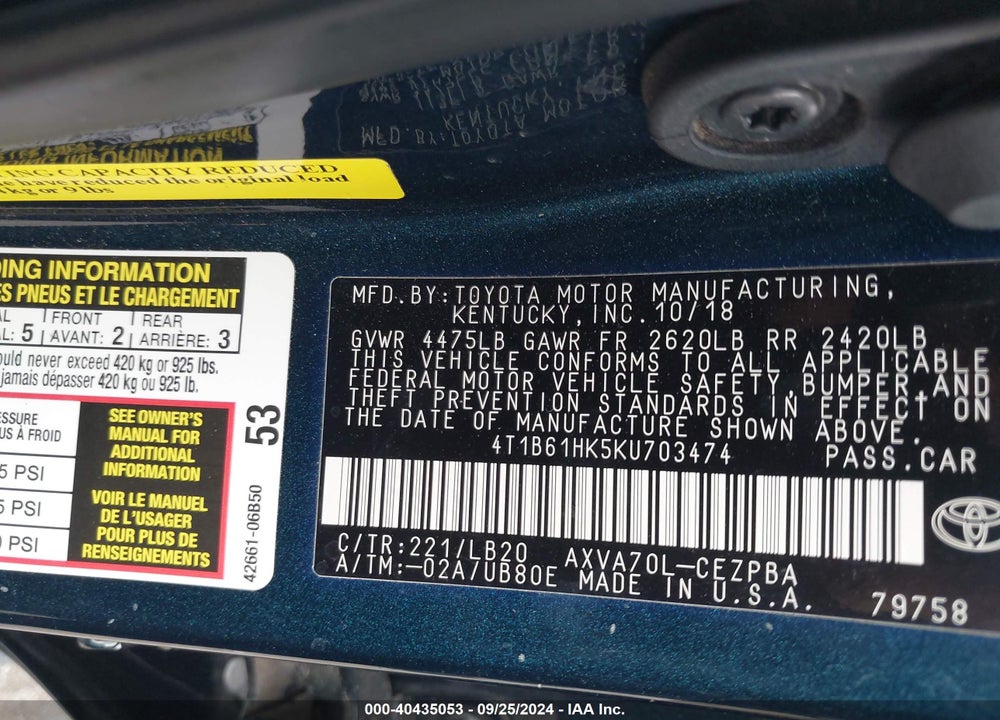 2019 TOYOTA CAMRY XSE VIN: 4T1B61HK5KU703474