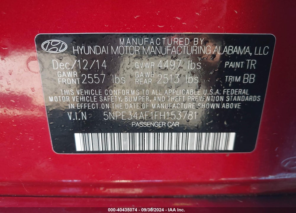 2015 HYUNDAI SONATA LIMITED VIN: 5NPE34AF1FH153781