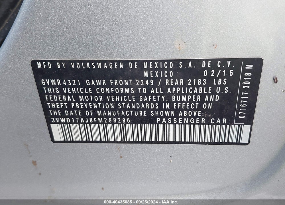 2015 VOLKSWAGEN JETTA 1.8T SE VIN: 3VWD17AJ8FM298296