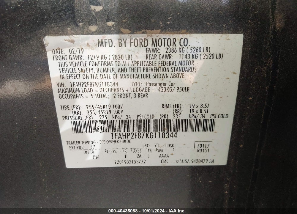 2019 FORD TAURUS LIMITED VIN: 1FAHP2F87KG118344