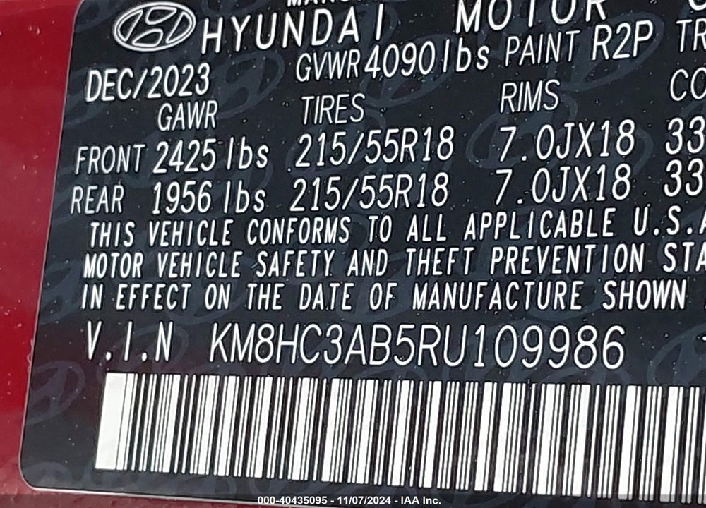 2024 HYUNDAI KONA SEL VIN: KM8HC3AB5RU109986