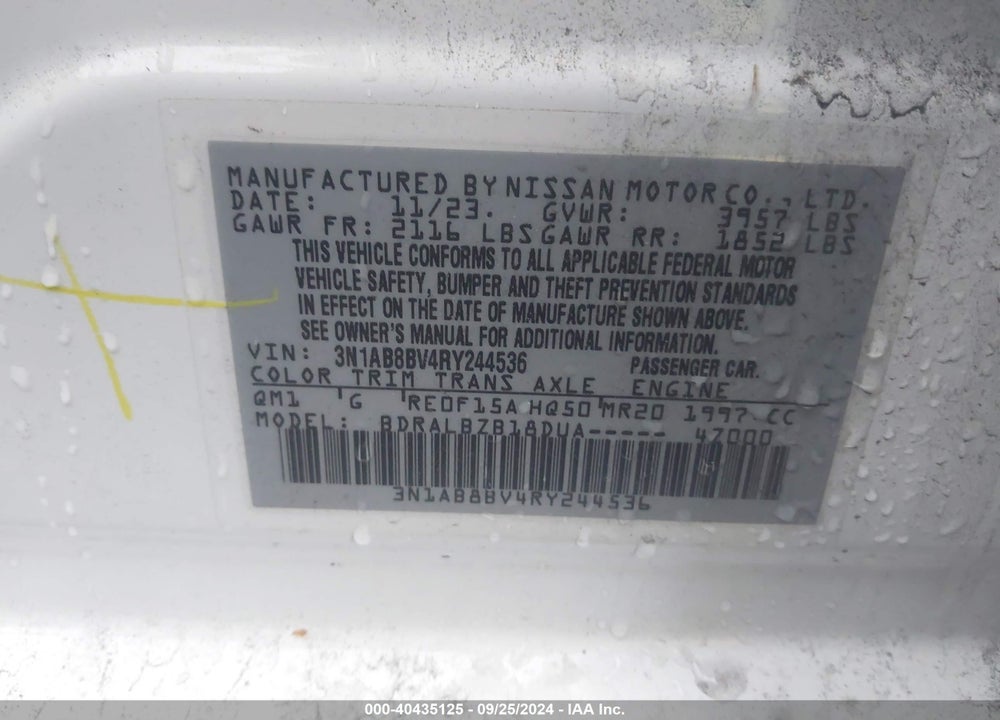 2024 NISSAN SENTRA S XTRONIC CVT VIN: 3N1AB8BV4RY244536