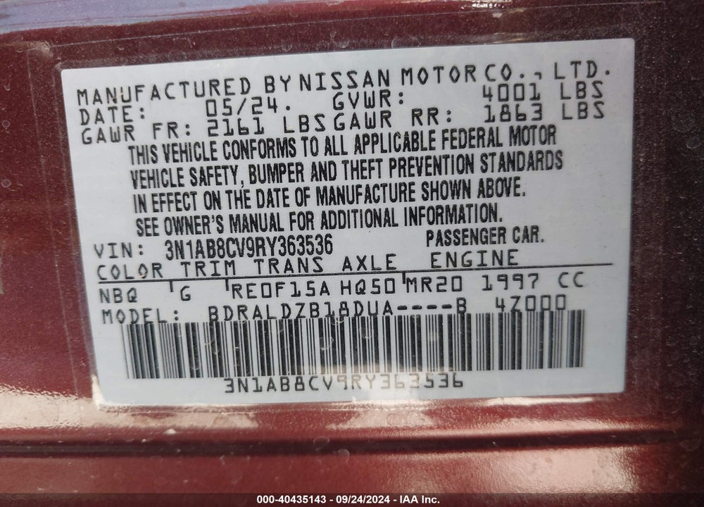 2024 NISSAN SENTRA SV XTRONIC CVT VIN: 3N1AB8CV9RY363536
