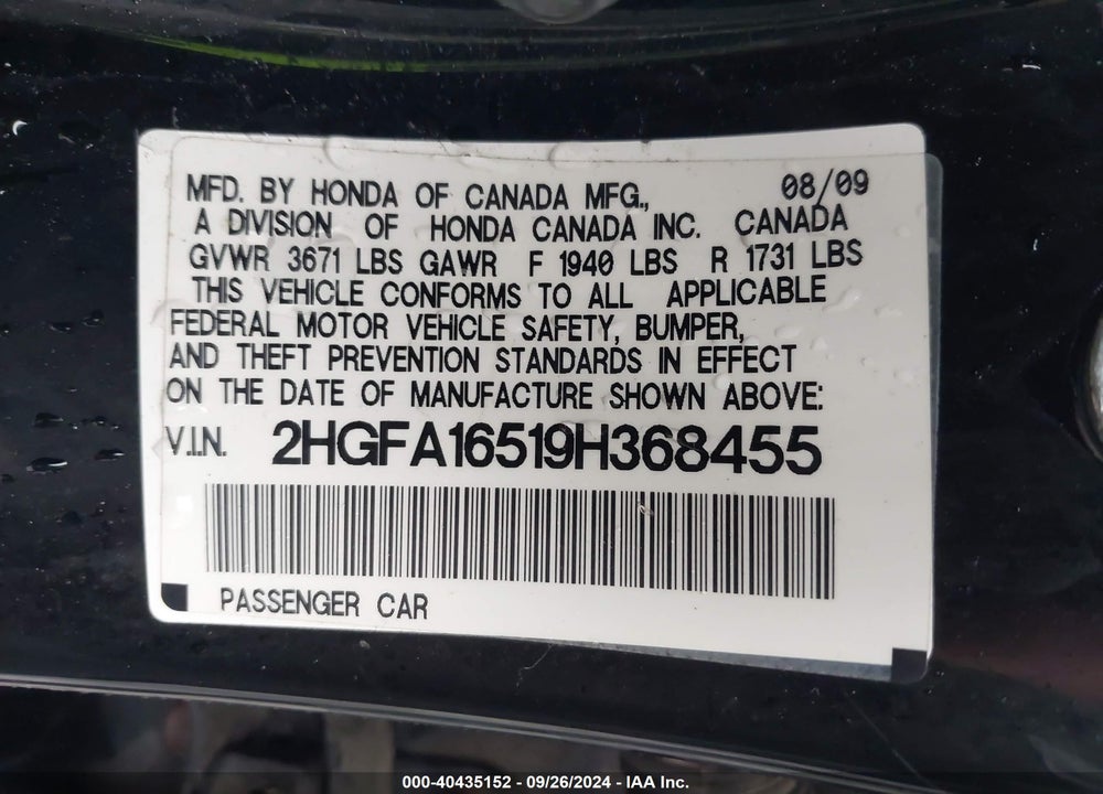2009 HONDA CIVIC LX VIN: 2HGFA16519H368455