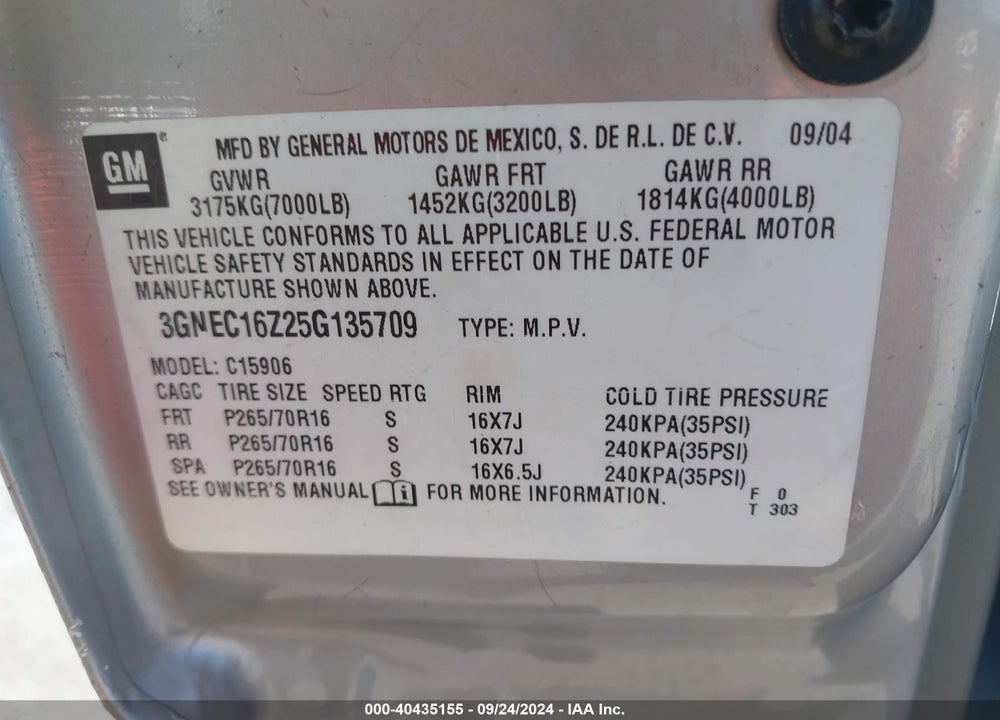 2005 CHEVROLET SUBURBAN 1500 LS VIN: 3GNEC16Z25G135709