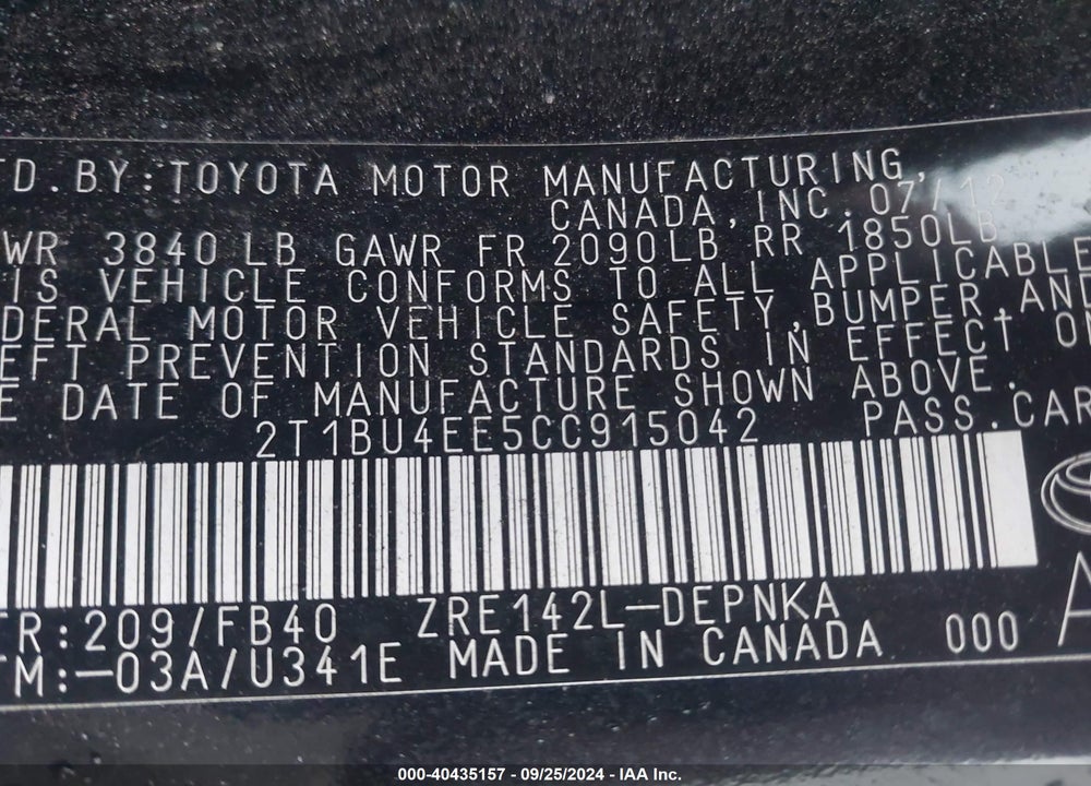 2012 TOYOTA COROLLA LE VIN: 2T1BU4EE5CC915042