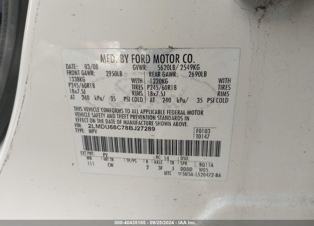 2008 LINCOLN MKX VIN: 2LMDU88C78BJ27289