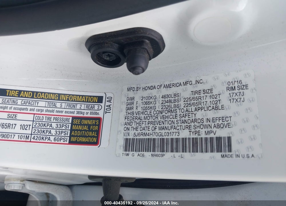 2016 HONDA CR-V EX-L VIN: 5J6RM4H70GL031773