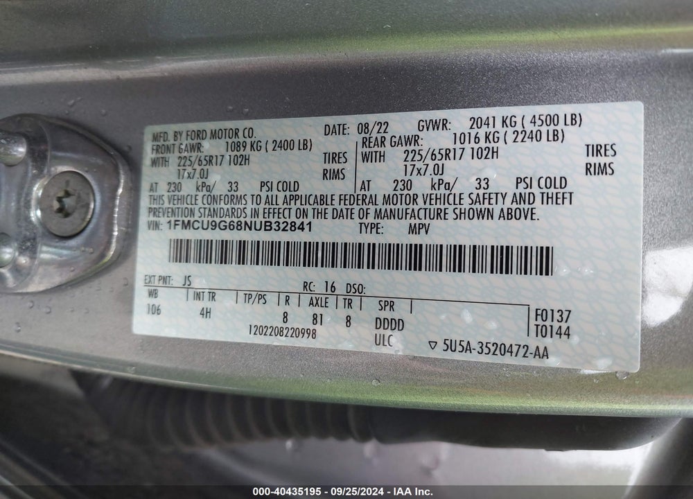 2022 FORD ESCAPE SE VIN: 1FMCU9G68NUB32841