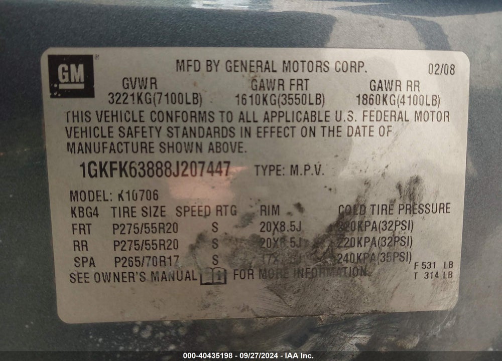 2008 GMC YUKON DENALI VIN: 1GKFK63888J207447