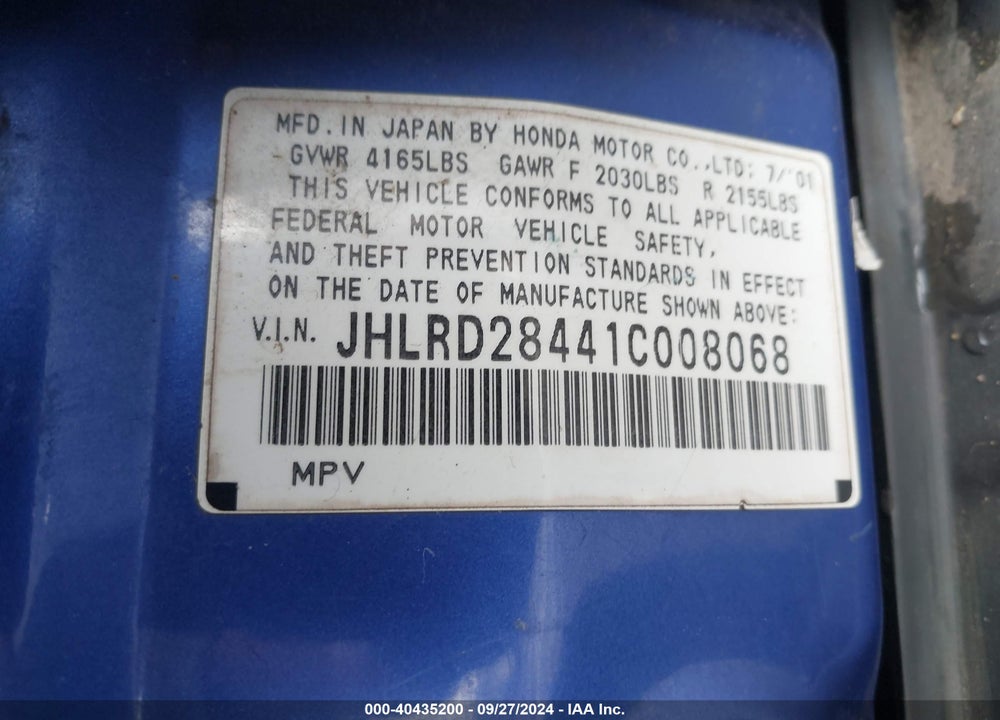 2001 HONDA CR-V LX VIN: JHLRD28441C008068