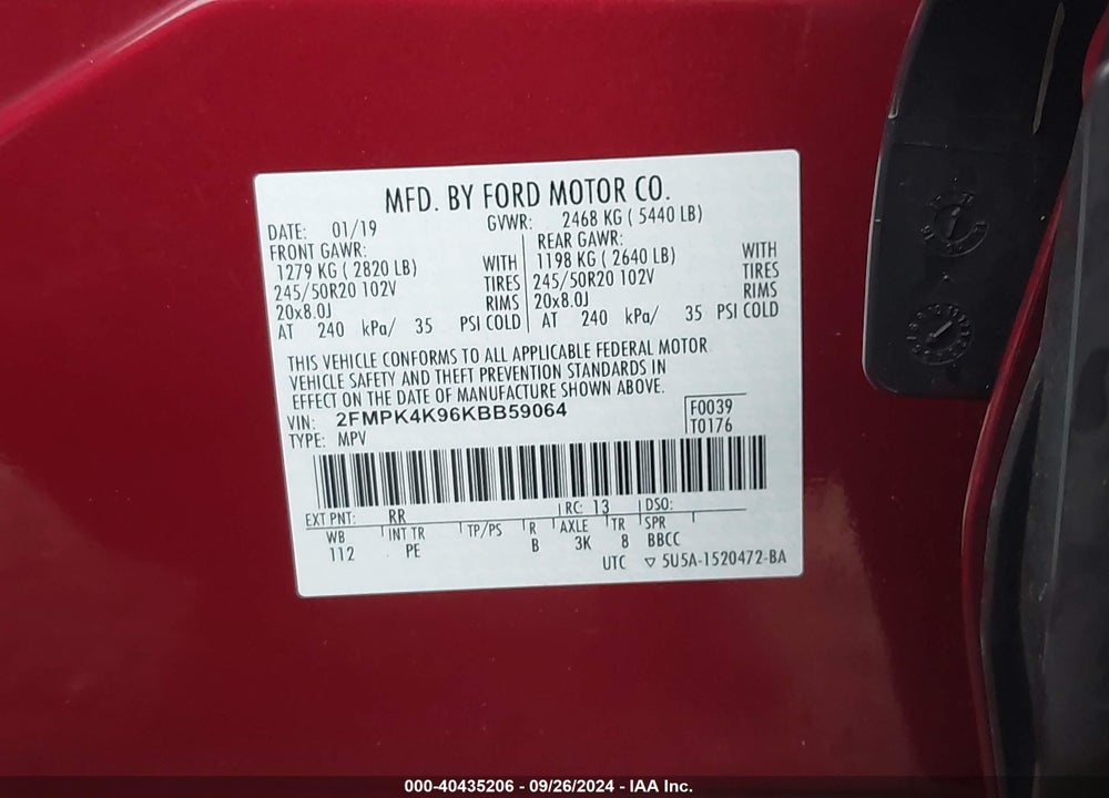 2019 FORD EDGE TITANIUM VIN: 2FMPK4K96KBB59064