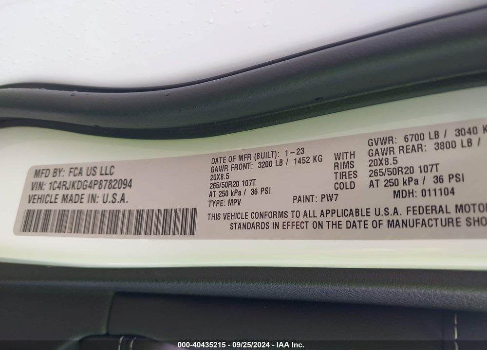 2023 JEEP GRAND CHEROKEE L OVERLAND 4X4 VIN: 1C4RJKDG4P8782094