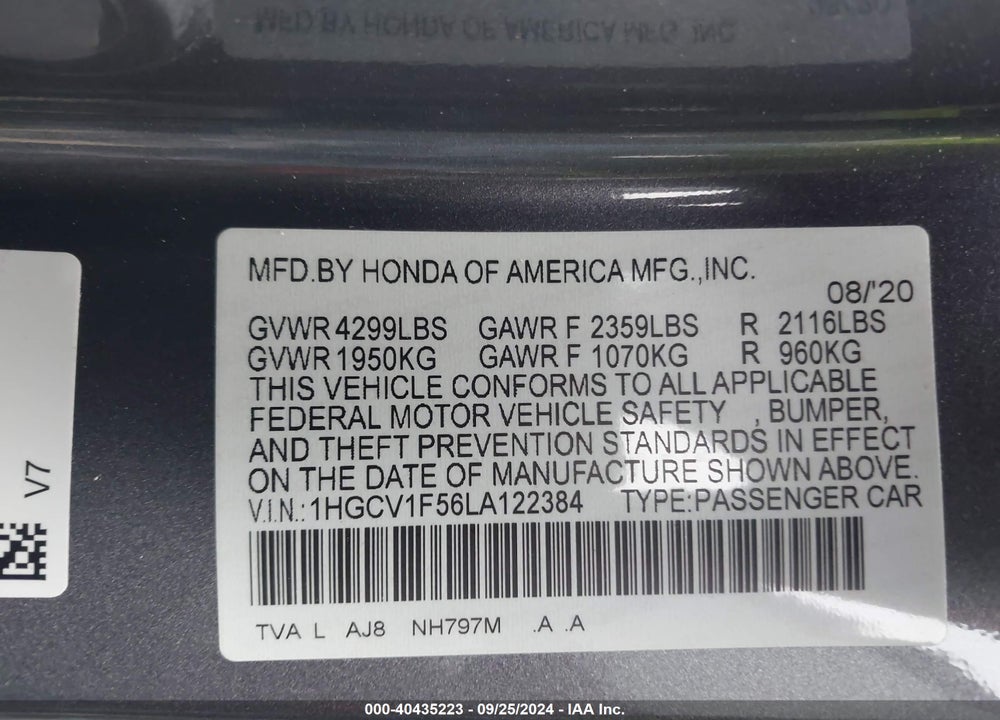 2020 HONDA ACCORD EX-L VIN: 1HGCV1F56LA122384