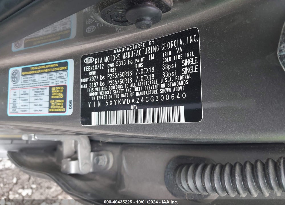 2012 KIA SORENTO SX V6 VIN: 5XYKWDA24CG300640