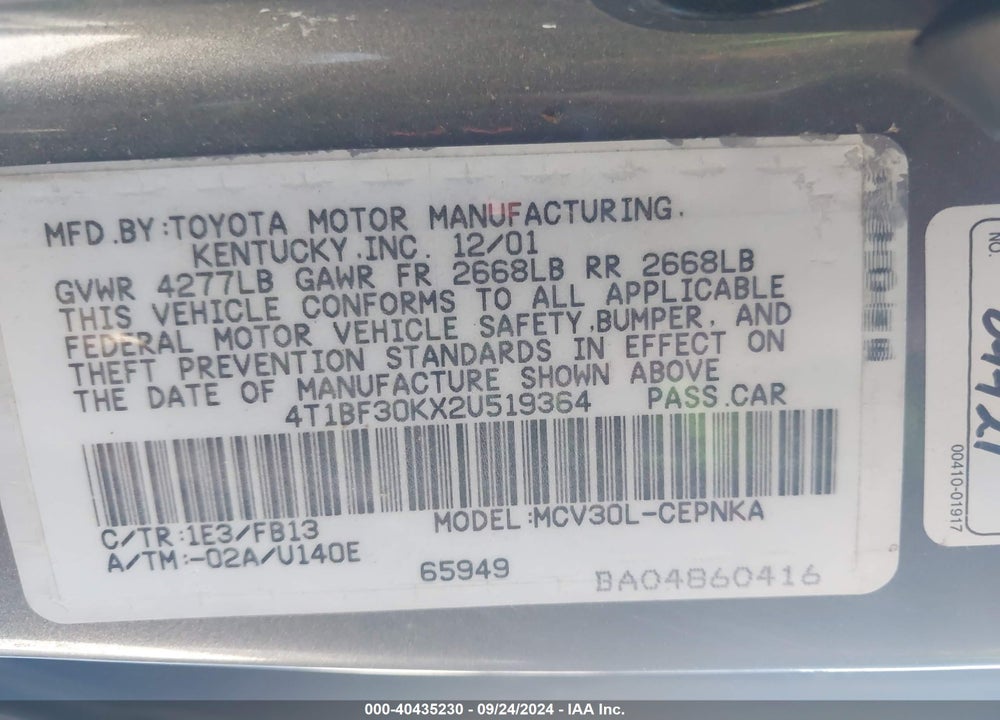 2002 TOYOTA CAMRY LE V6 VIN: 4T1BF30KX2U519364