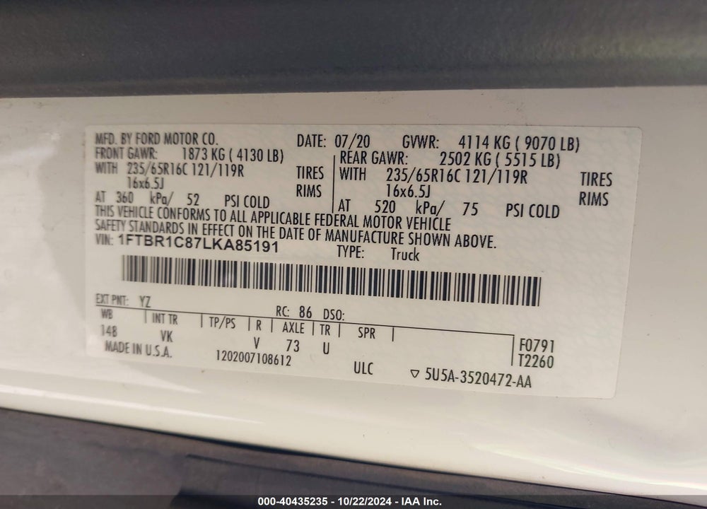 2020 FORD TRANSIT-250 VIN: 1FTBR1C87LKA85191
