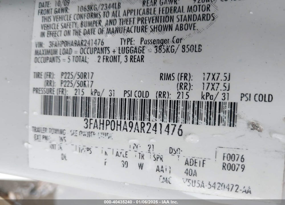 2010 FORD FUSION SE VIN: 3FAHP0HA9AR241476