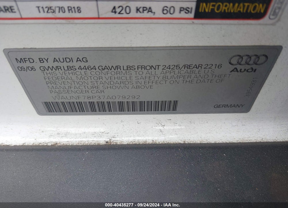 2007 AUDI A3 2.0T VIN: WAUNF78P37A079292