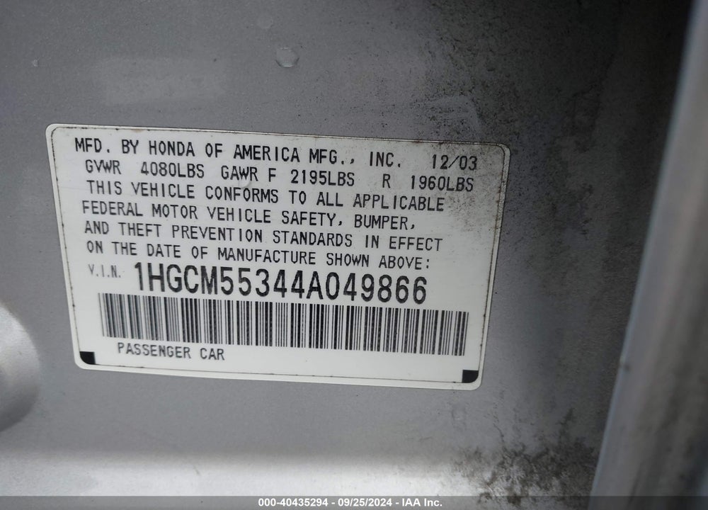 2004 HONDA ACCORD 2.4 LX VIN: 1HGCM55344A049866
