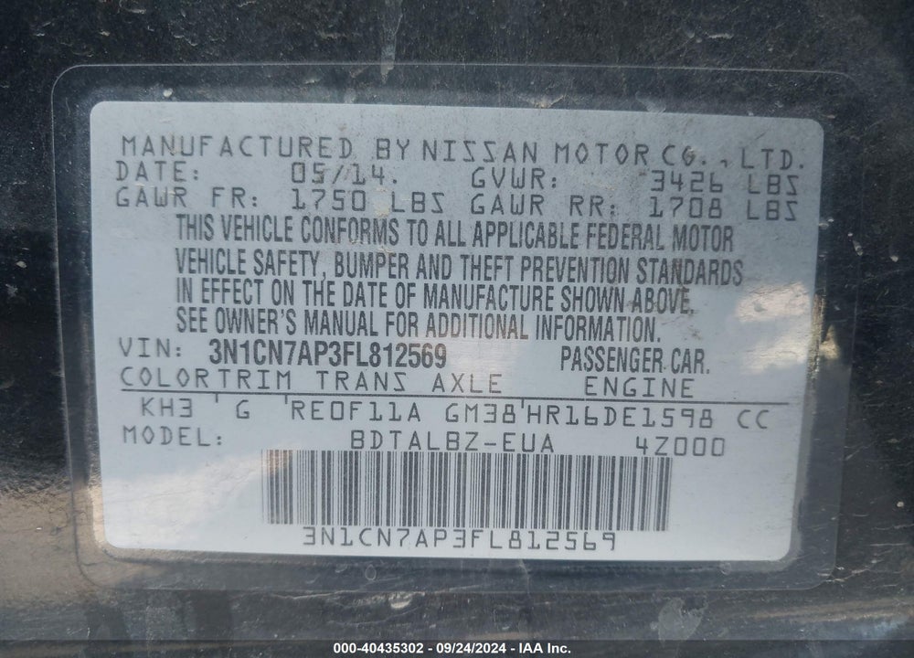 2015 NISSAN VERSA 1.6 S/1.6 S+/1.6 SL/1.6 SV VIN: 3N1CN7AP3FL812569
