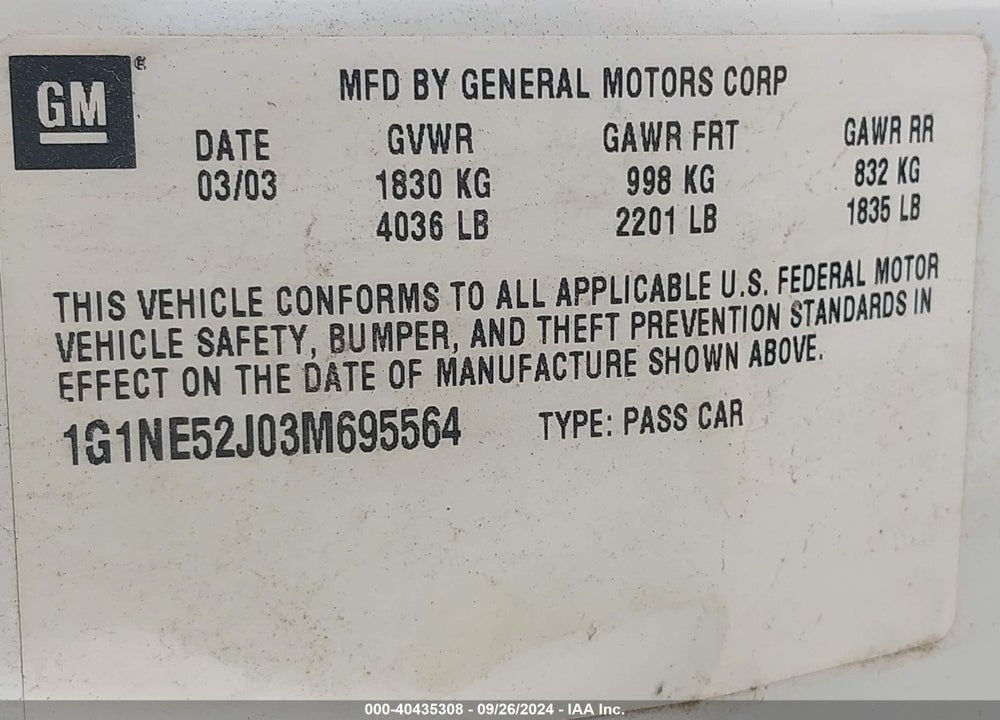 2003 CHEVROLET MALIBU LS VIN: 1G1NE52J03M695564