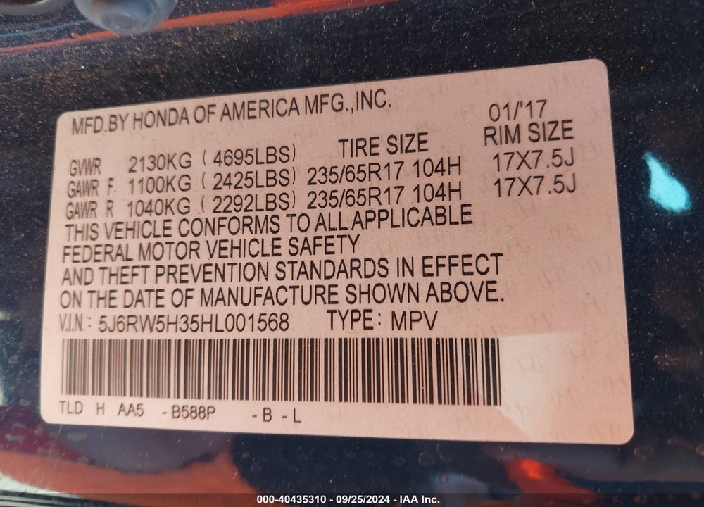 2017 HONDA CR-V LX VIN: 5J6RW5H35HL001568