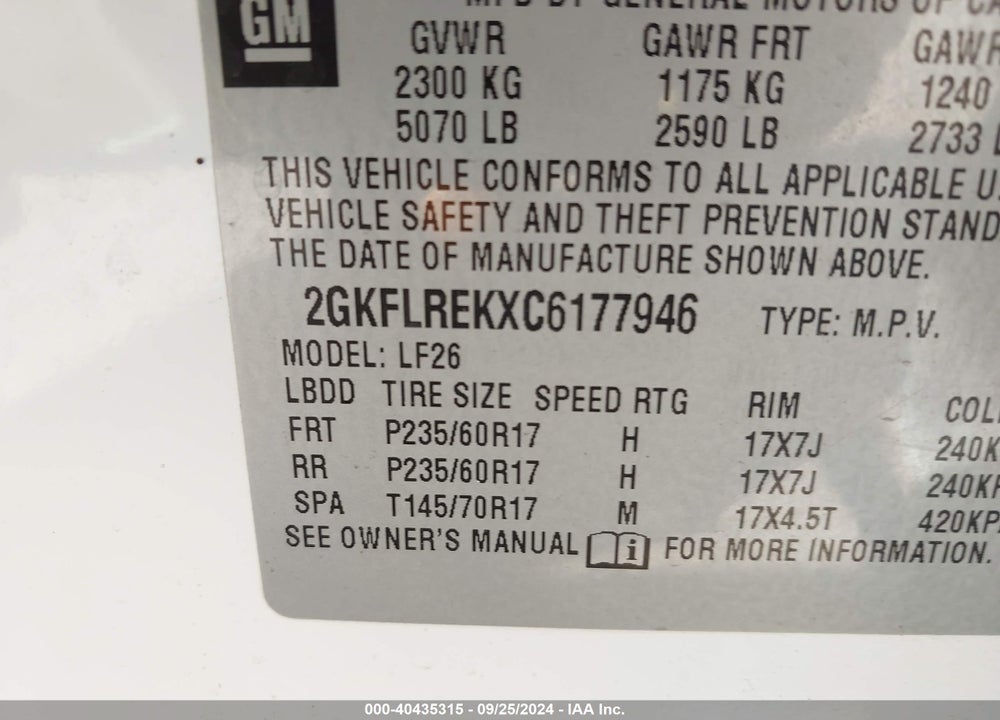 2012 GMC TERRAIN SLE-1 VIN: 2GKFLREKXC6177946