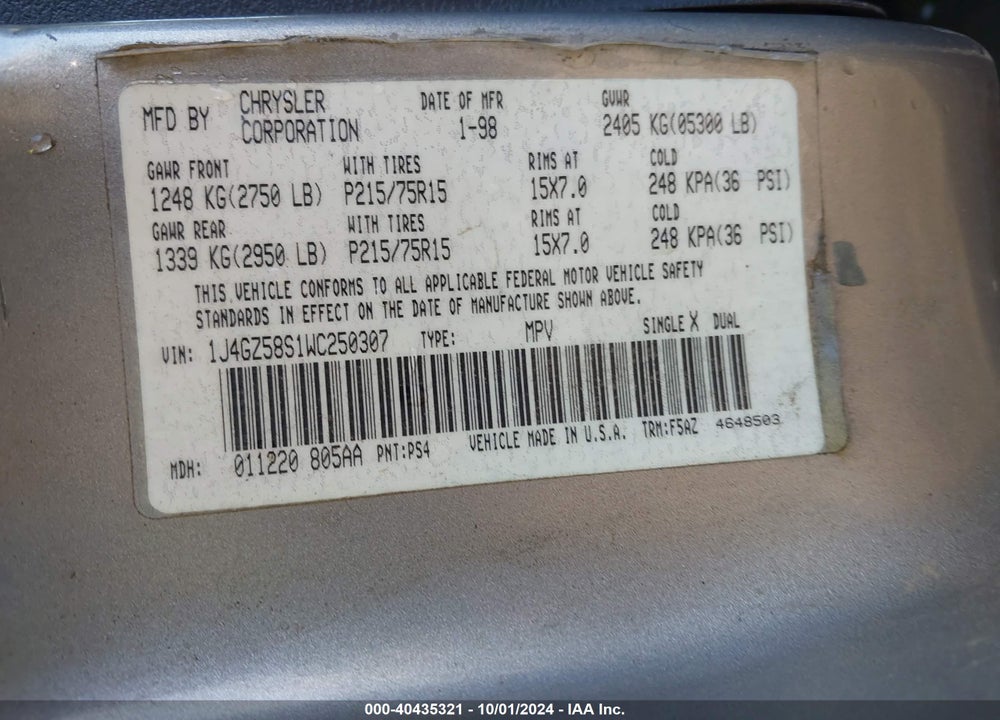 1998 JEEP GRAND CHEROKEE LAREDO VIN: 1J4GZ58S1WC250307