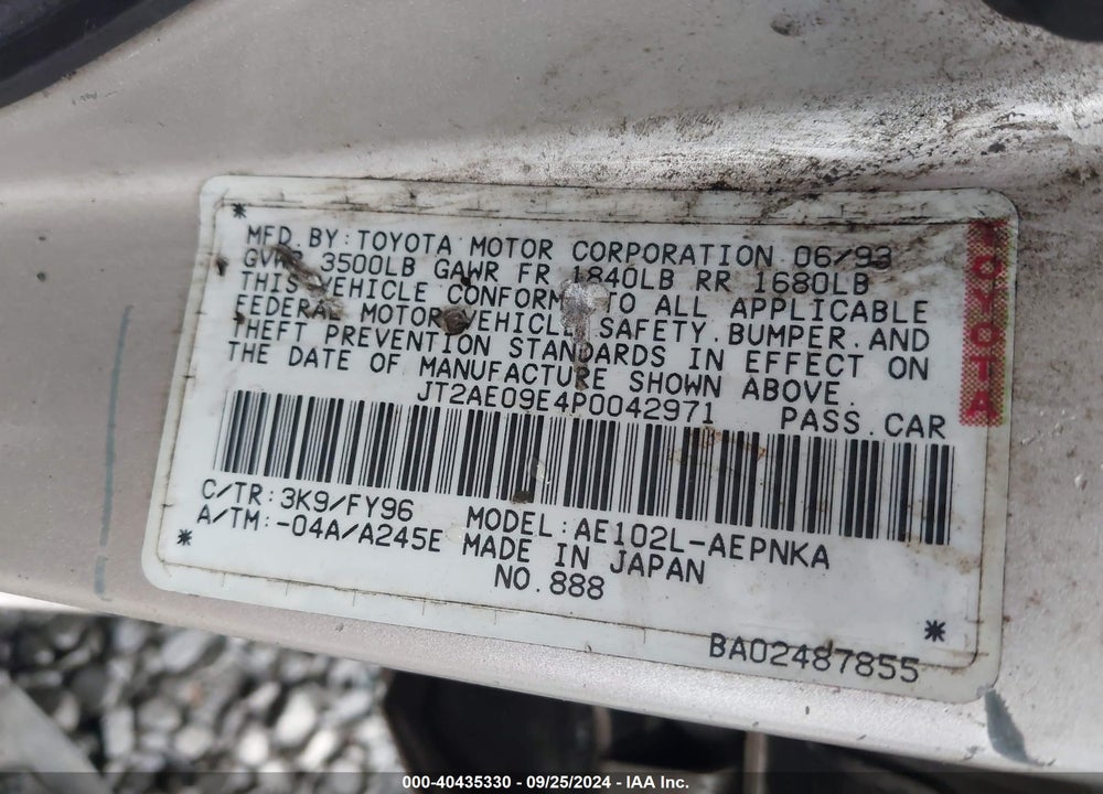 1993 TOYOTA COROLLA LE/DX VIN: JT2AE09E4P0042971
