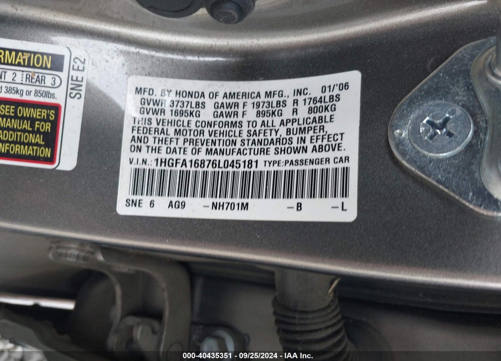 2006 HONDA CIVIC EX VIN: 1HGFA16876L045181