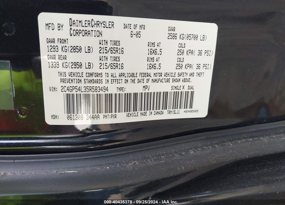 2005 CHRYSLER TOWN & COUNTRY TOURING VIN: 2C4GP54L35R583494