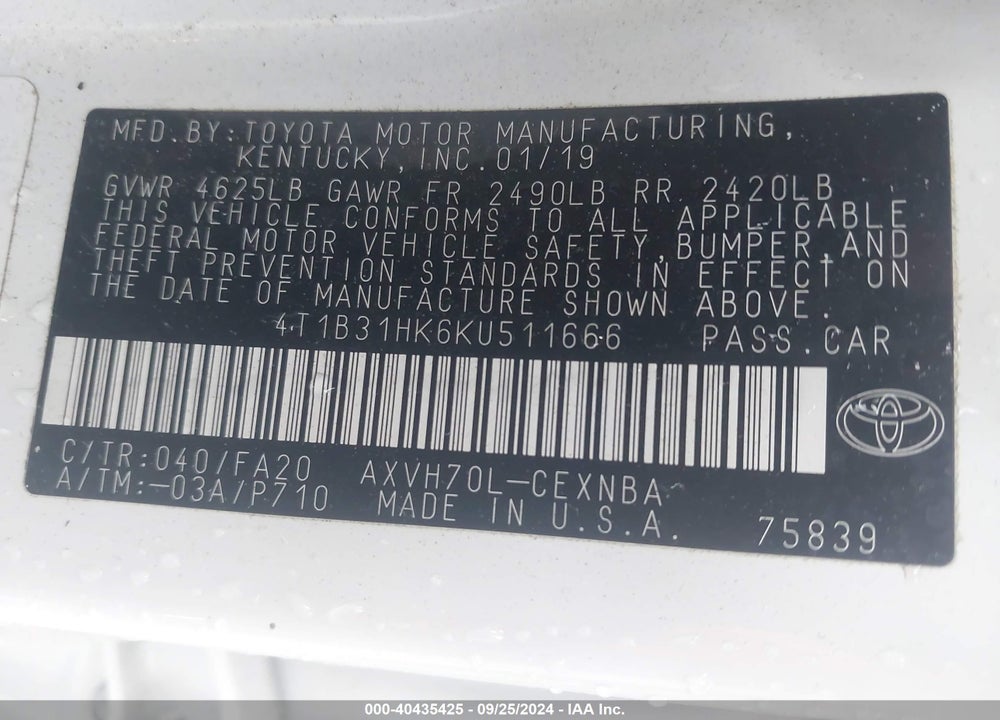 2019 TOYOTA CAMRY HYBRID LE VIN: 4T1B31HK6KU511666