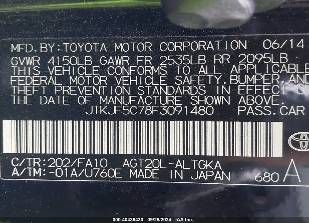 2015 SCION TC VIN: JTKJF5C78F3091480