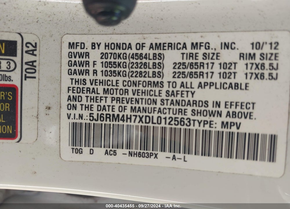 2013 HONDA CR-V EX-L VIN: 5J6RM4H7XDL012563
