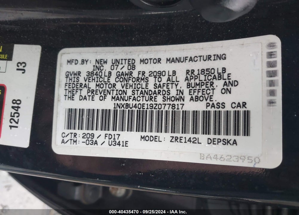 2009 TOYOTA COROLLA S VIN: 1NXBU40E19Z077817