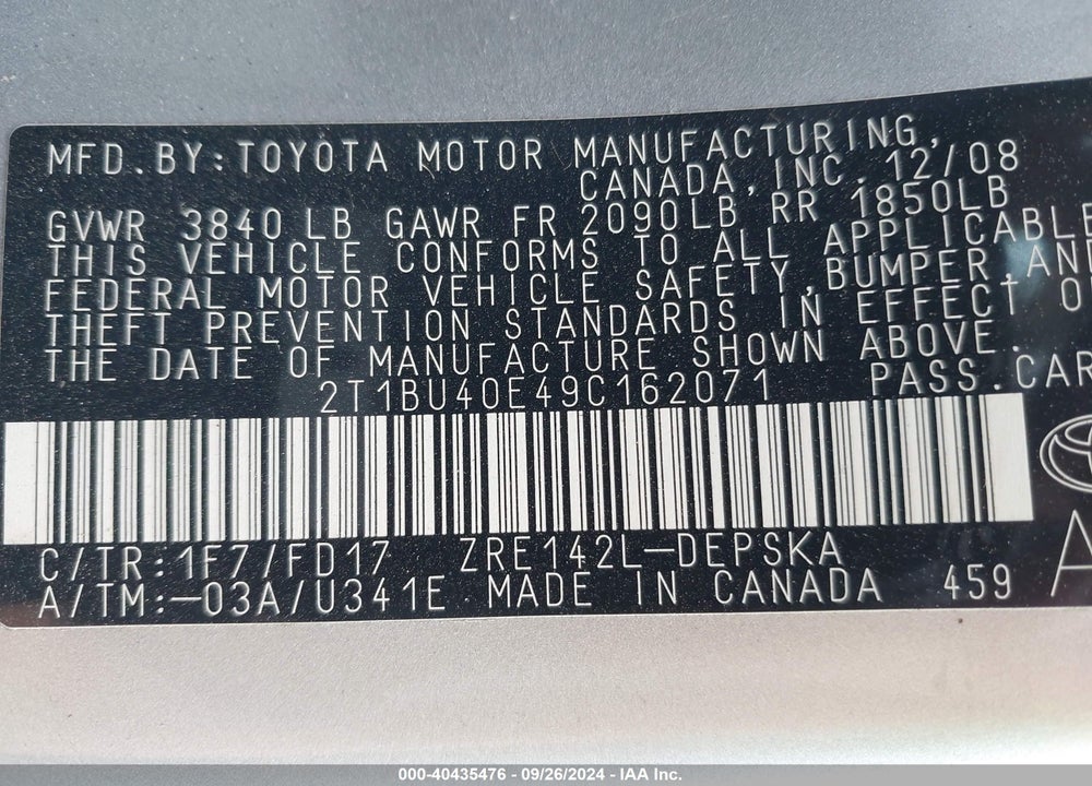 2009 TOYOTA COROLLA S VIN: 2T1BU40E49C162071