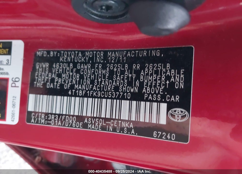 2012 TOYOTA CAMRY LE VIN: 4T1BF1FK9CU537710