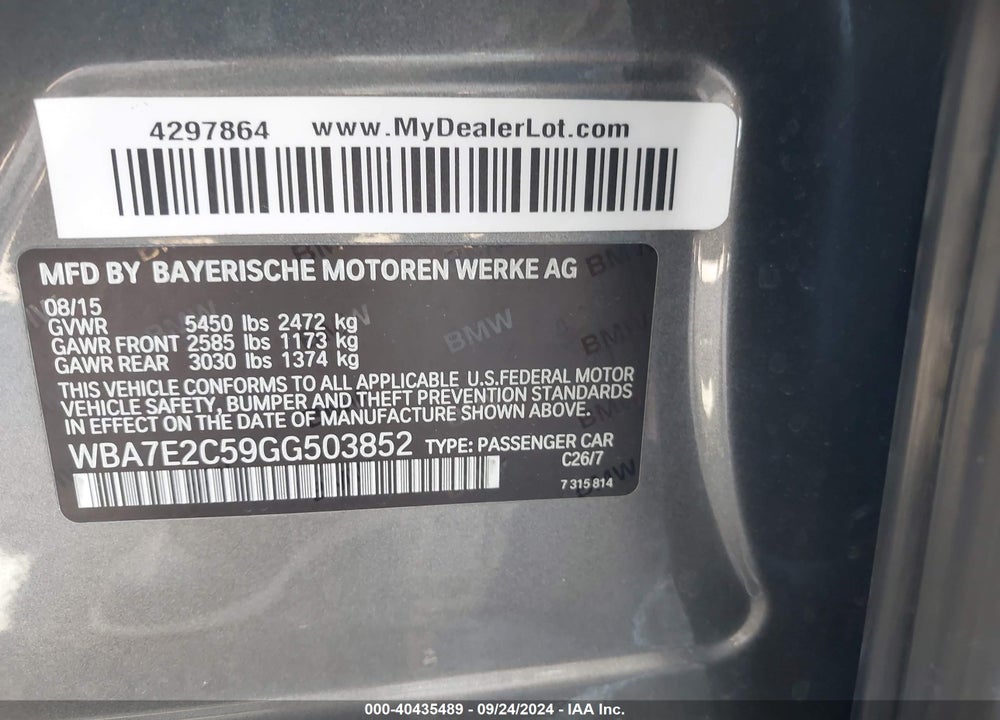 2016 BMW 740I VIN: WBA7E2C59GG503852