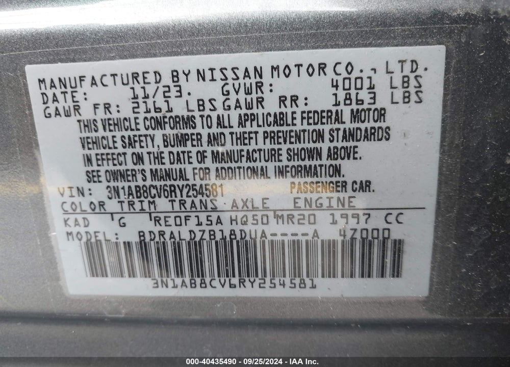 2024 NISSAN SENTRA VIN: 3N1AB8CV6RY254581