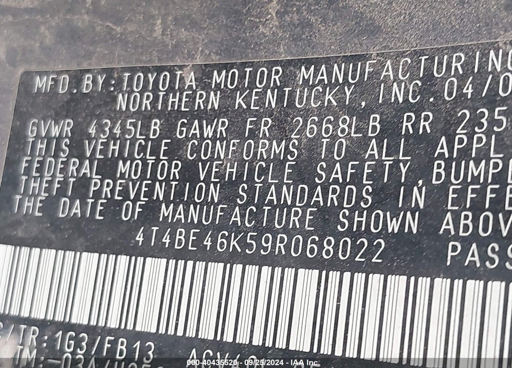 2009 TOYOTA CAMRY LE VIN: 4T4BE46K59R068022