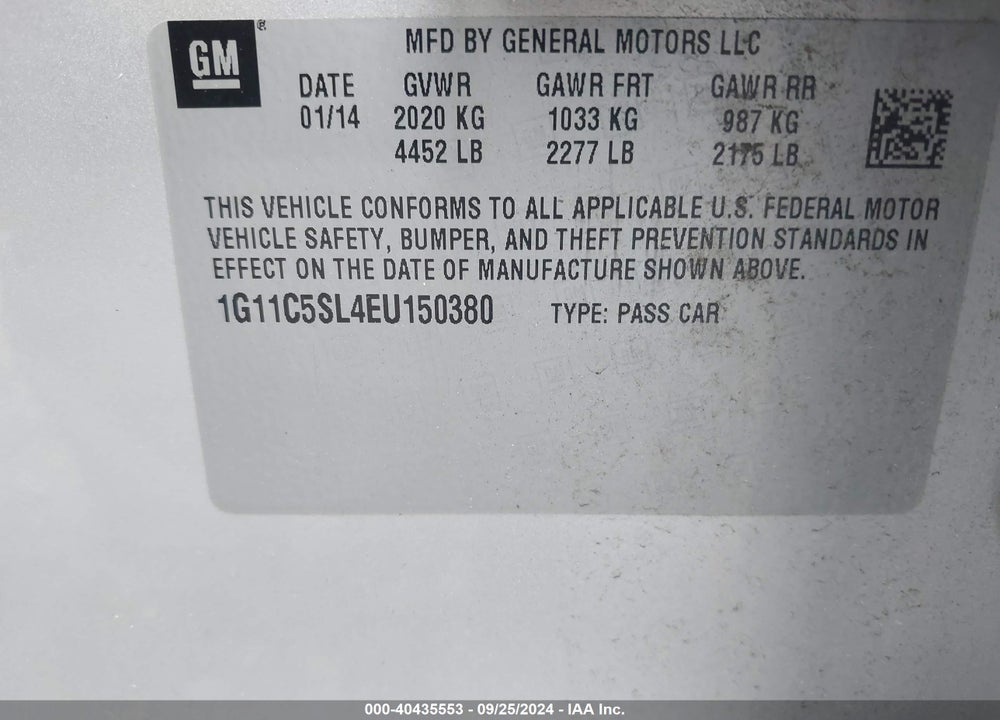 2014 CHEVROLET MALIBU 1LT VIN: 1G11C5SL4EU150380