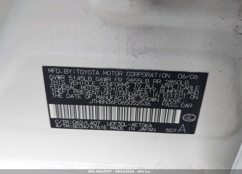 2006 LEXUS LS 430 VIN: JTHBN36F065052536