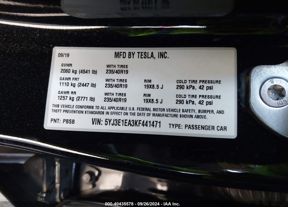 2019 TESLA MODEL 3 LONG RANGE/MID RANGE/STANDARD RANGE/STANDARD RANGE PLUS VIN: 5YJ3E1EA3KF441471