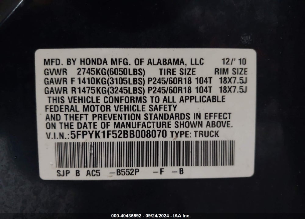 2011 HONDA RIDGELINE RTL VIN: 5FPYK1F52BB008070