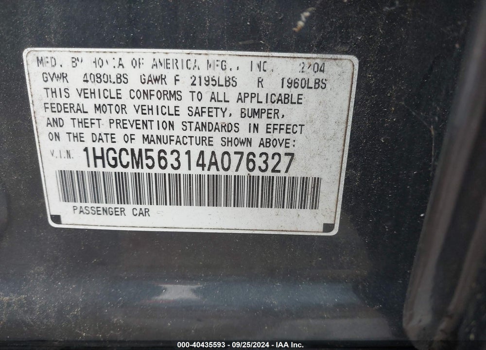 2004 HONDA ACCORD 2.4 LX VIN: 1HGCM56314A076327