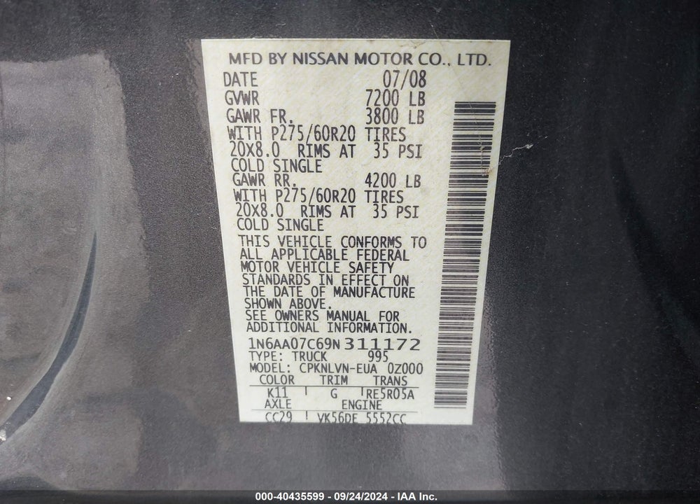 2009 NISSAN TITAN LE VIN: 1N6AA07C69N311172