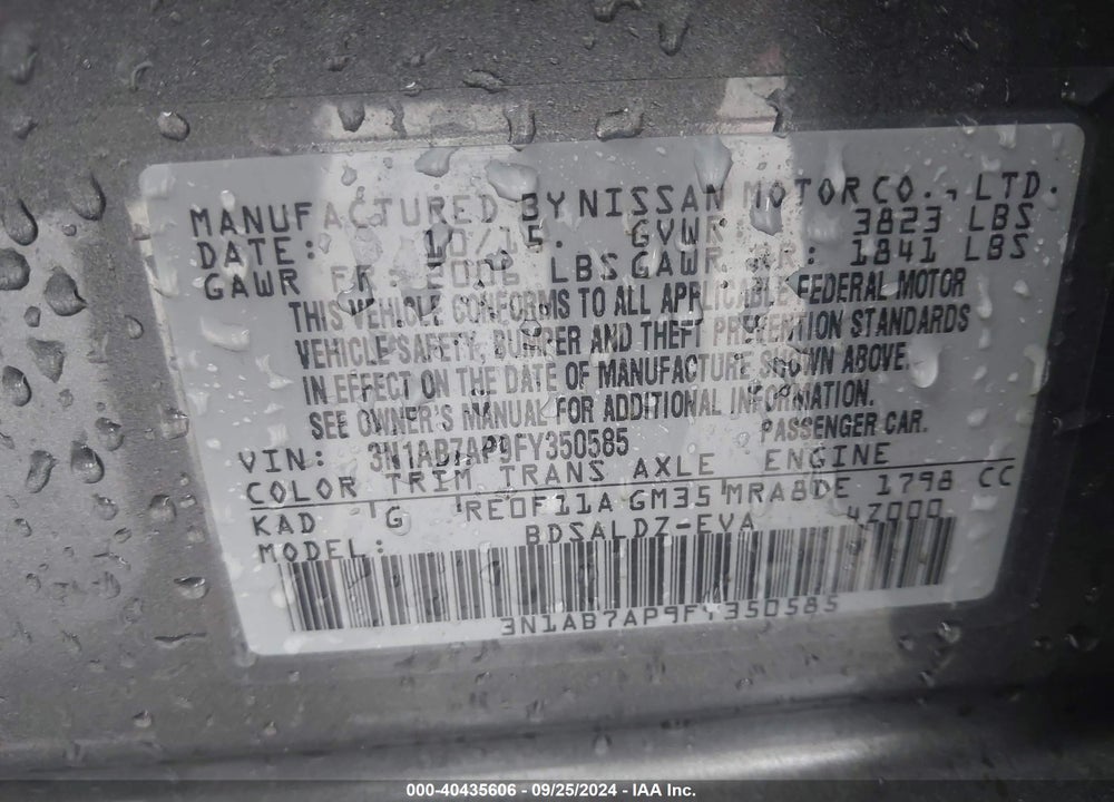 2015 NISSAN SENTRA SV VIN: 3N1AB7AP9FY350585