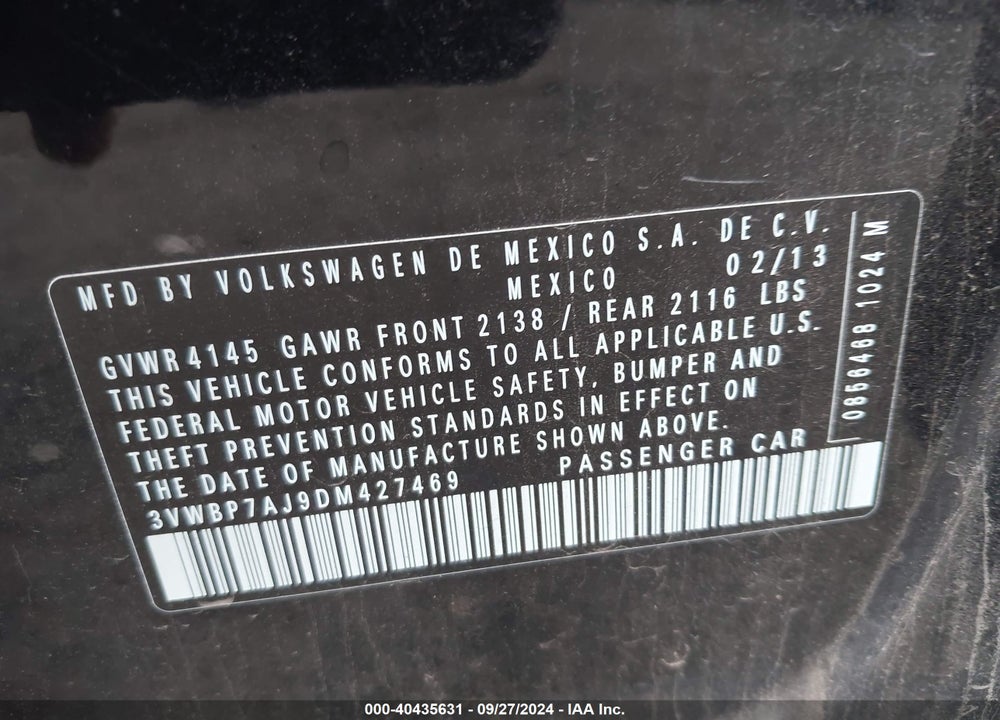 2013 VOLKSWAGEN JETTA 2.5L SE VIN: 3VWBP7AJ9DM427469