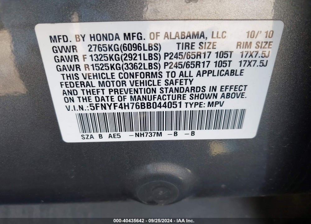 2011 HONDA PILOT EX-L VIN: 5FNYF4H76BB044051